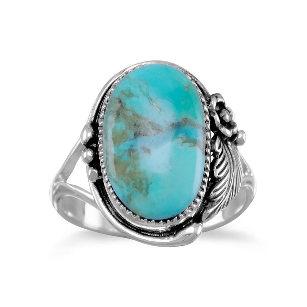 NEW Oval Reconstituted Turquoise Floral Design Ring